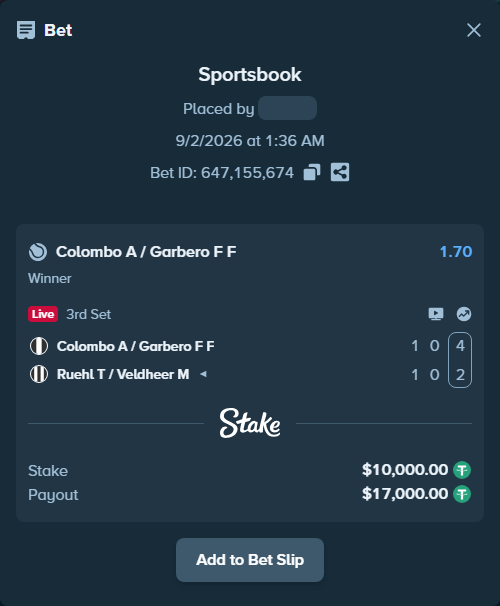 Bet slip: Colombo A / Garbero F F - Ruehl T / Veldheer M, $10,000.00 stake at 1.70 odds, placed by WinTr10