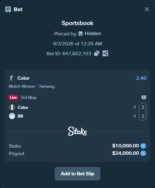 Bet slip: Color - B8, $10,000.00 stake at 2.40 odds, placed by Hidden