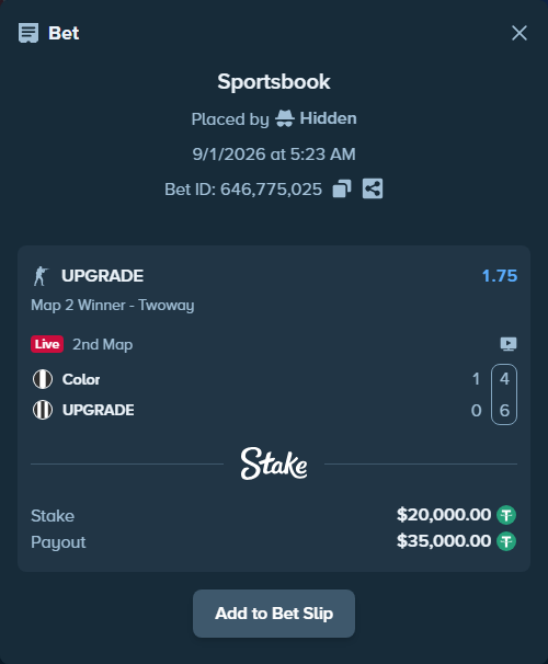 Bet slip: Color - UPGRADE, $20,000.00 stake at 1.75 odds, placed by Hidden