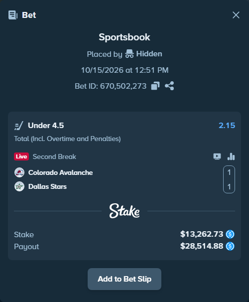 Bet slip: Colorado Avalanche - Dallas Stars, $13,262.73 stake at 2.15 odds, placed by Hidden