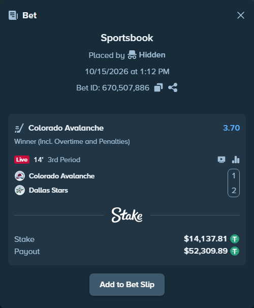 Bet slip: Colorado Avalanche - Dallas Stars, $14,151.94 stake at 3.70 odds, placed by BetlikeaKing