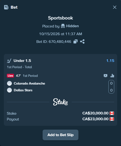 Bet slip: Colorado Avalanche - Dallas Stars, $14,800.00 stake at 1.15 odds, placed by Hidden