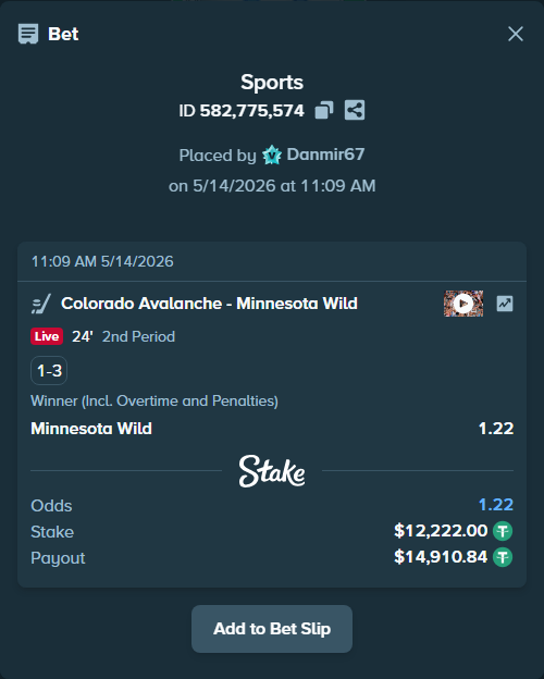 Bet slip: Colorado Avalanche - Minnesota Wild, $12,222.00 stake at 1.22 odds, placed by Danmir67