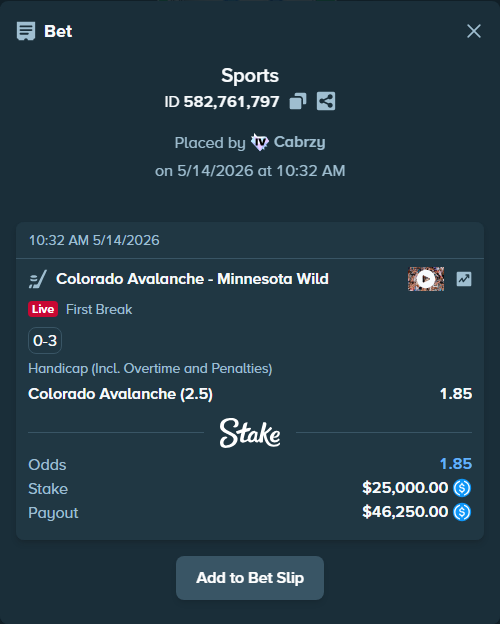 Bet slip: Colorado Avalanche - Minnesota Wild, $25,000.00 stake at 1.85 odds, placed by Cabrzy