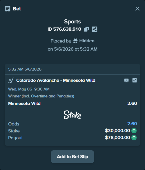 Bet slip: Colorado Avalanche - Minnesota Wild, $30,000.00 stake at 2.60 odds, placed by Hidden