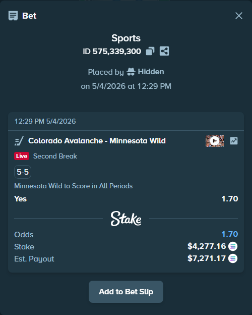 Bet slip: Colorado Avalanche - Minnesota Wild, $3,676.00 stake at 1.70 odds, placed by Hidden