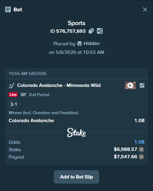 Bet slip: Colorado Avalanche - Minnesota Wild, $5,692.51 stake at 1.08 odds, placed by Hidden
