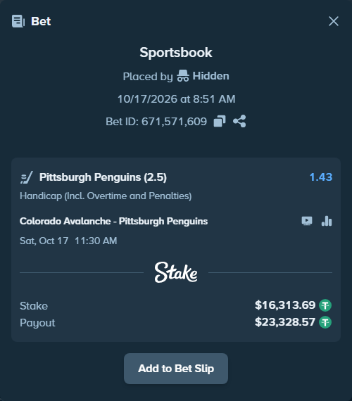 Bet slip: Colorado Avalanche - Pittsburgh Penguins, $16,330.00 stake at 1.43 odds, placed by unhingedking