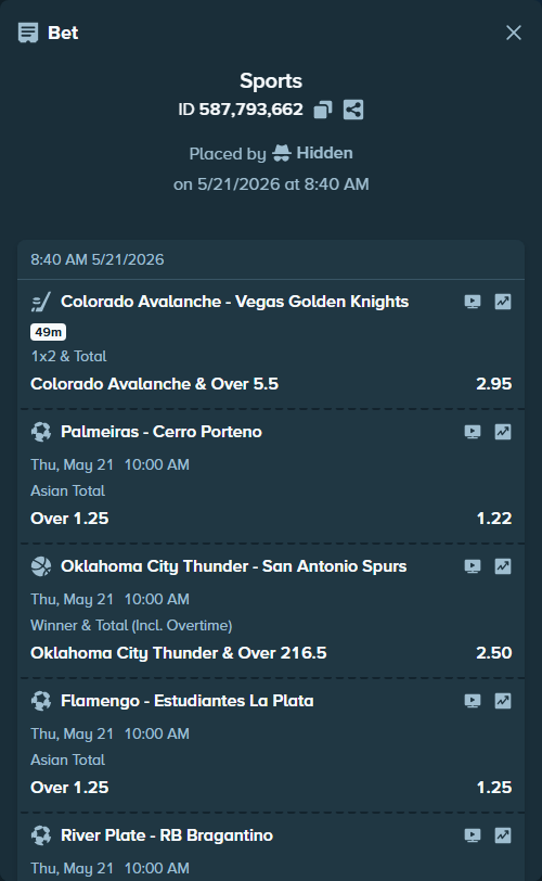 Bet slip: Colorado Avalanche - Vegas Golden Knights, $10,087.08 stake at 2.95 odds, placed by Hidden