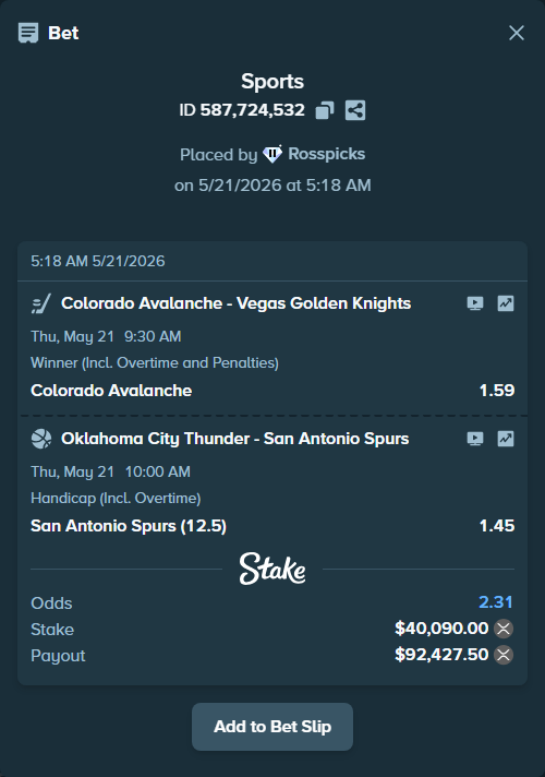 Bet slip: Colorado Avalanche - Vegas Golden Knights, $33,660.17 stake at 1.59 odds, placed by Rosspicks