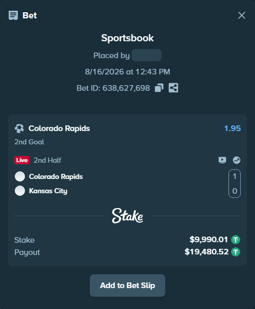 Bet slip: Colorado Rapids - Kansas City, $10,000.00 stake at 1.95 odds, placed by ArdianHertica