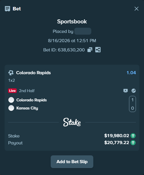 Bet slip: Colorado Rapids - Kansas City, $20,000.00 stake at 1.04 odds, placed by piropiro12