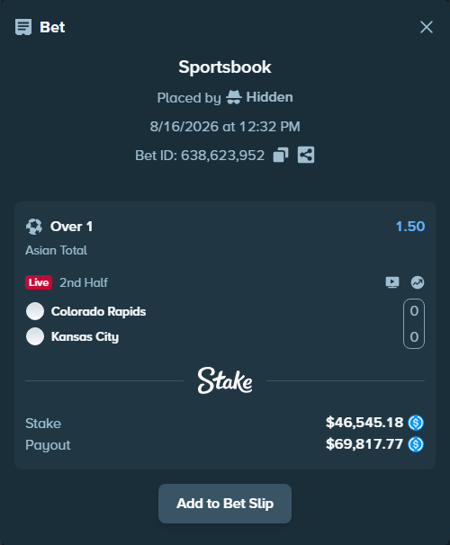 Bet slip: Colorado Rapids - Kansas City, $46,545.18 stake at 1.50 odds, placed by Hidden