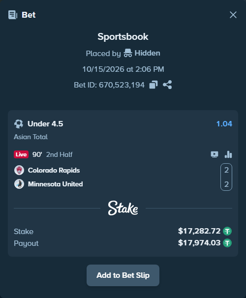 Bet slip: Colorado Rapids - Minnesota United, $17,300.00 stake at 1.04 odds, placed by Rodrigom04
