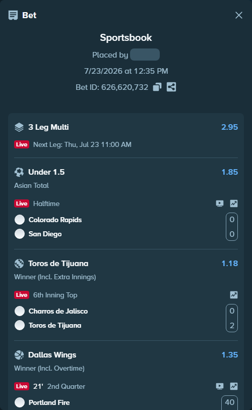 Bet slip: Colorado Rapids - San Diego, $10,000.00 stake at 1.85 odds, placed by VadimKotlyar