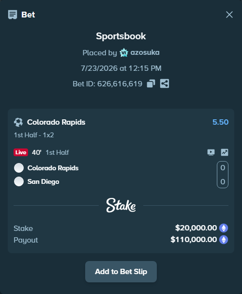 Bet slip: Colorado Rapids - San Diego, $19,782.09 stake at 5.50 odds, placed by azosuka