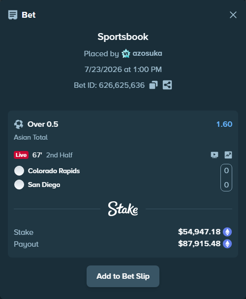 Bet slip: Colorado Rapids - San Diego, $54,421.68 stake at 1.60 odds, placed by azosuka