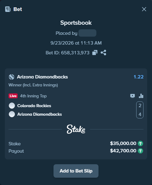 Bet slip: Colorado Rockies - Arizona Diamondbacks, $35,000.00 stake at 1.22 odds, placed by nandonzr