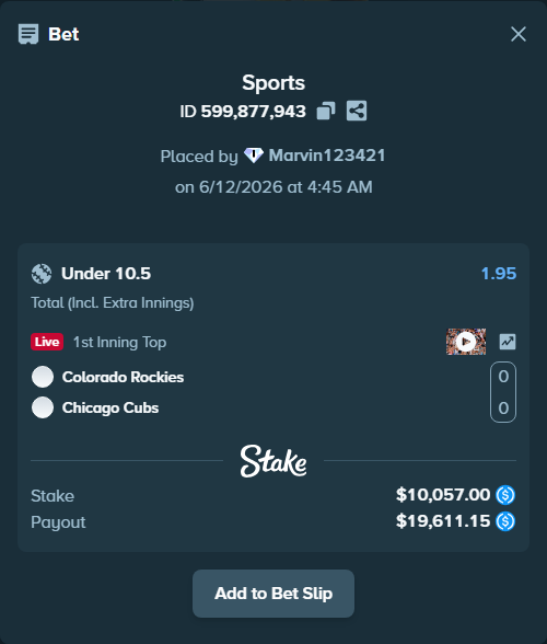 Bet slip: Colorado Rockies - Chicago Cubs, $10,057.00 stake at 1.95 odds, placed by Marvin123421