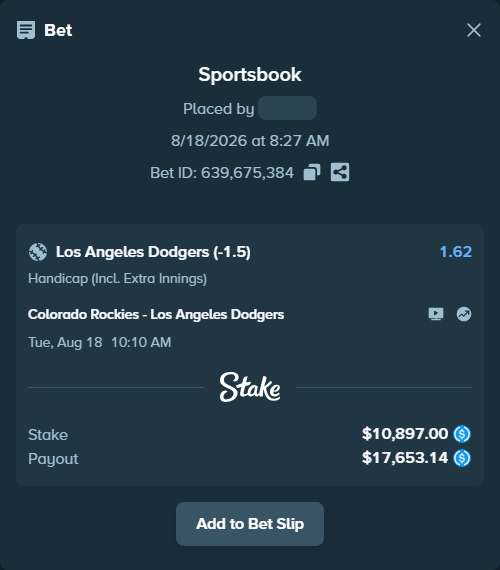 Bet slip: Colorado Rockies - Los Angeles Dodgers, $10,897.00 stake at 1.62 odds, placed by floutp451