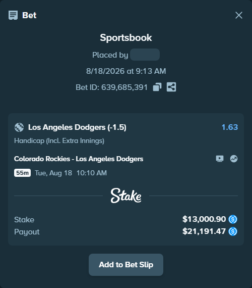 Bet slip: Colorado Rockies - Los Angeles Dodgers, $13,000.90 stake at 1.63 odds, placed by reggieewellq