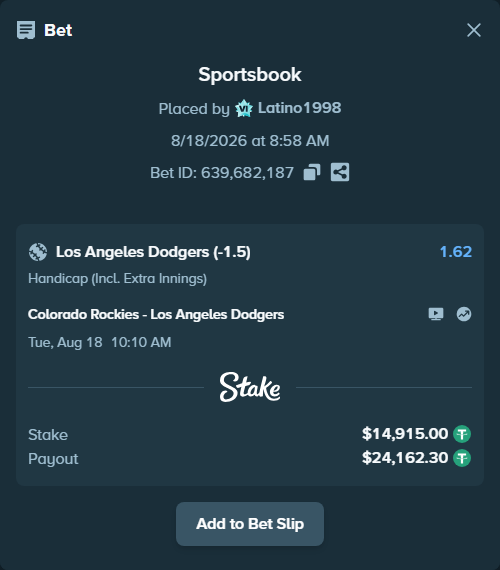 Bet slip: Colorado Rockies - Los Angeles Dodgers, $14,929.91 stake at 1.62 odds, placed by Latino1998