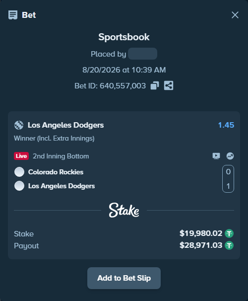 Bet slip: Colorado Rockies - Los Angeles Dodgers, $20,000.00 stake at 1.45 odds, placed by dvento