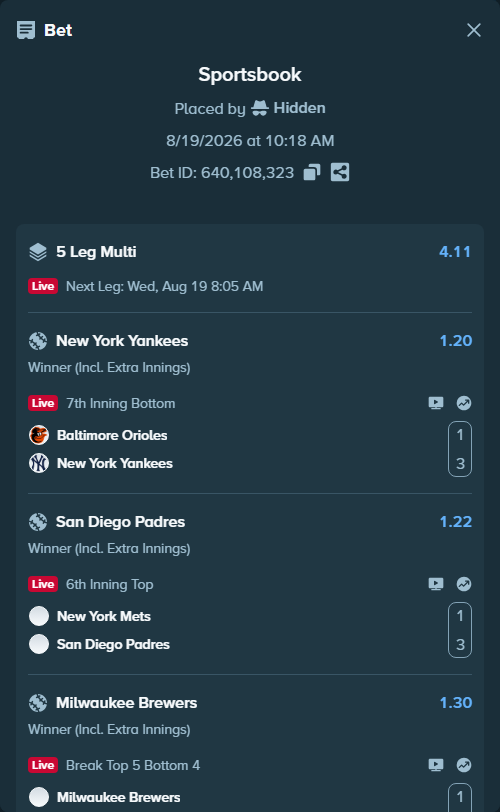 Bet slip: Colorado Rockies - Los Angeles Dodgers, $23,214.19 stake at 1.35 odds, placed by Hidden
