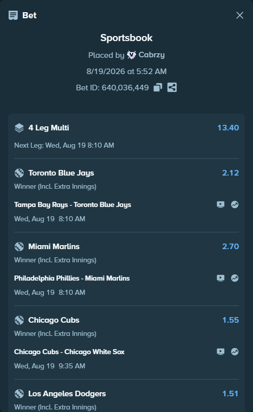 Bet slip: Colorado Rockies - Los Angeles Dodgers, $25,000.00 stake at 1.51 odds, placed by Cabrzy