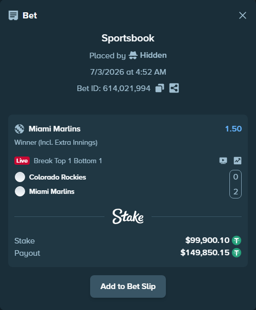 Bet slip: Colorado Rockies - Miami Marlins, $100,000.00 stake at 1.50 odds, placed by Hidden