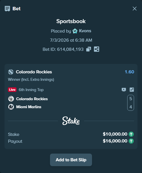 Bet slip: Colorado Rockies - Miami Marlins, $10,010.00 stake at 1.60 odds, placed by Kvons