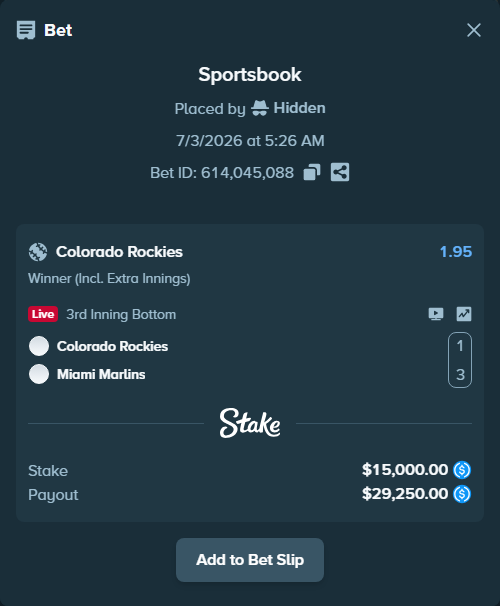 Bet slip: Colorado Rockies - Miami Marlins, $15,000.00 stake at 1.95 odds, placed by Hidden