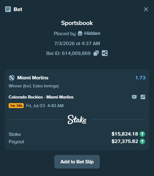 Bet slip: Colorado Rockies - Miami Marlins, $15,840.00 stake at 1.73 odds, placed by Hidden