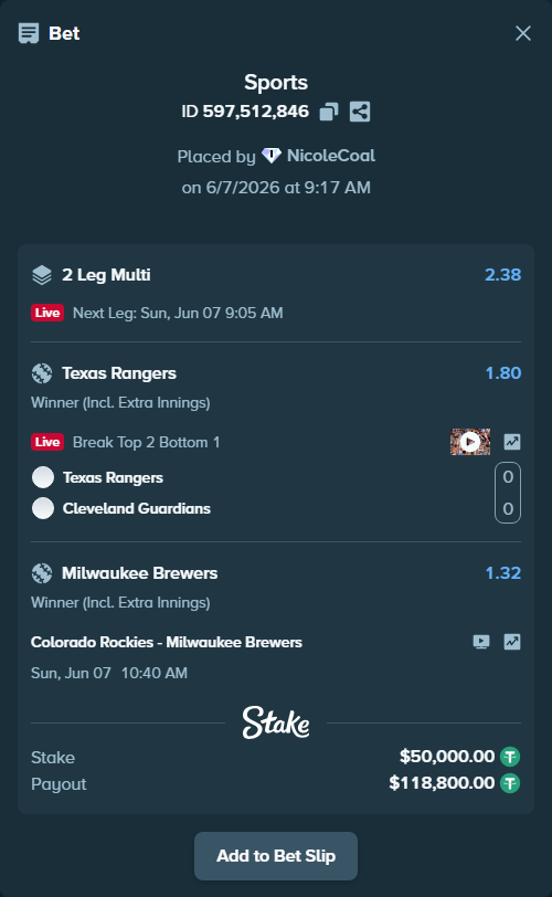 Bet slip: Colorado Rockies - Milwaukee Brewers, $50,000.00 stake at 1.32 odds, placed by NicoleCoal