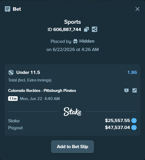 Bet slip: Colorado Rockies - Pittsburgh Pirates, $25,557.55 stake at 1.86 odds, placed by Hidden