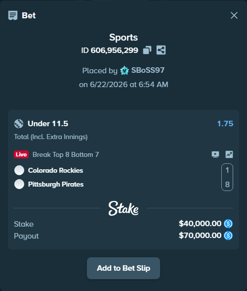 Bet slip: Colorado Rockies - Pittsburgh Pirates, $40,000.00 stake at 1.75 odds, placed by SBoSS97