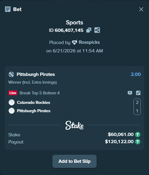Bet slip: Colorado Rockies - Pittsburgh Pirates, $60,121.06 stake at 2.00 odds, placed by Rosspicks