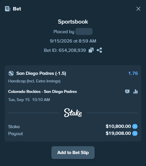 Bet slip: Colorado Rockies - San Diego Padres, $10,800.00 stake at 1.76 odds, placed by ksports2026