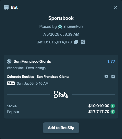 Bet slip: Colorado Rockies - San Francisco Giants, $10,010.00 stake at 1.77 odds, placed by zhanjinkun