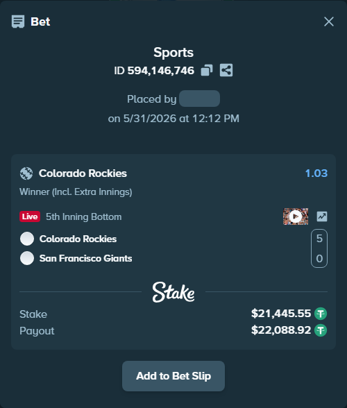Bet slip: Colorado Rockies - San Francisco Giants, $21,467.00 stake at 1.03 odds, placed by AghoriThakur