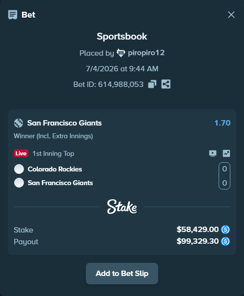 Bet slip: Colorado Rockies - San Francisco Giants, $58,429.00 stake at 1.70 odds, placed by piropiro12