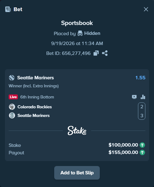 Bet slip: Colorado Rockies - Seattle Mariners, $100,000.00 stake at 1.55 odds, placed by Hidden