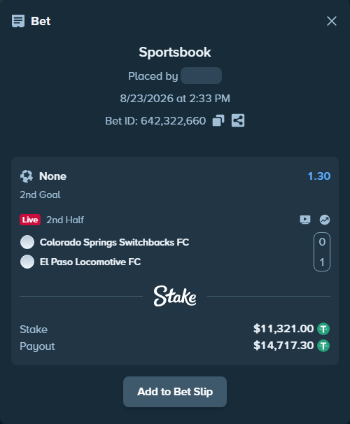 Bet slip: Colorado Springs Switchbacks FC - El Paso Locomotive FC, $11,321.00 stake at 1.30 odds, placed by Jai191313
