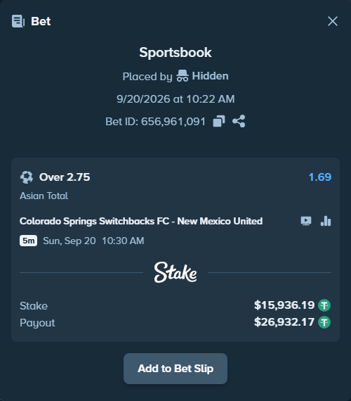 Bet slip: Colorado Springs Switchbacks FC - New Mexico United, $15,936.19 stake at 1.69 odds, placed by Hidden