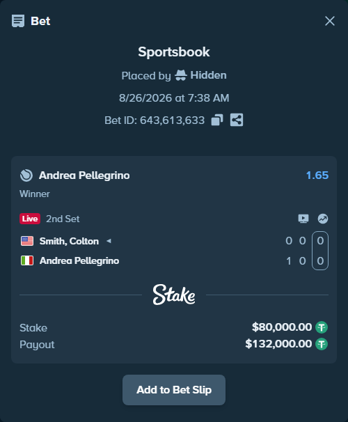 Bet slip: Colton Smith - Andrea Pellegrino, $80,000.00 stake at 1.65 odds, placed by Hidden