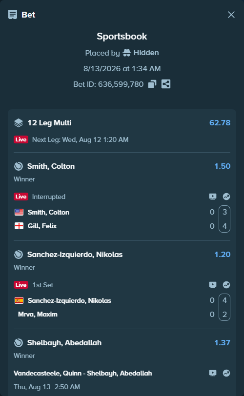 Bet slip: Colton Smith - Gill, Felix, $10,000.00 stake at 1.50 odds, placed by Hidden