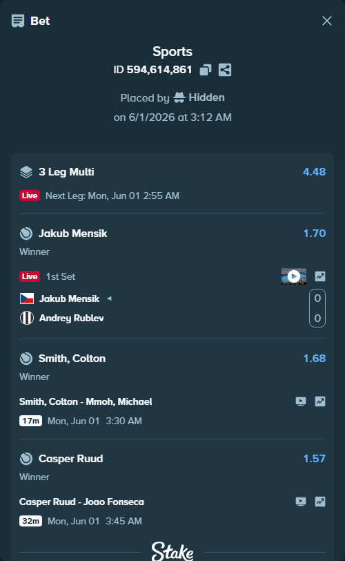 Bet slip: Colton Smith - Mmoh, Michael, $16,016.00 stake at 1.68 odds, placed by Hidden