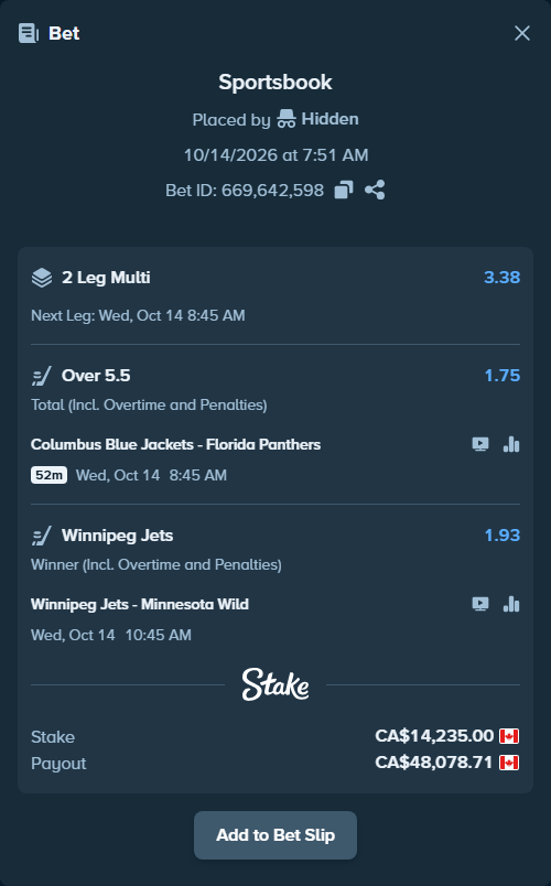 Bet slip: Columbus Blue Jackets - Florida Panthers, $10,533.90 stake at 1.75 odds, placed by Hidden