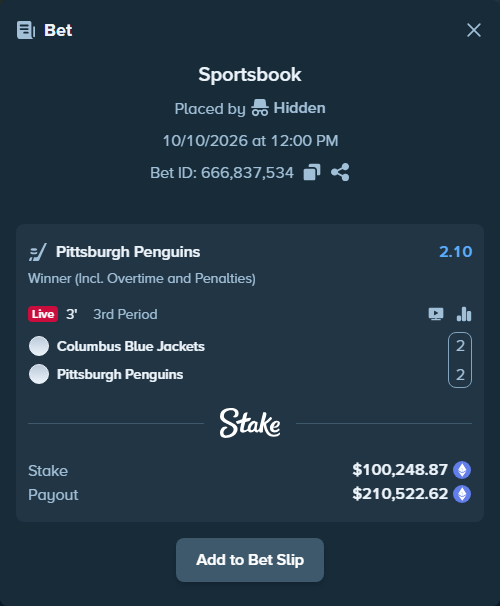 Bet slip: Columbus Blue Jackets - Pittsburgh Penguins, $100,316.52 stake at 2.10 odds, placed by XposedTwirch