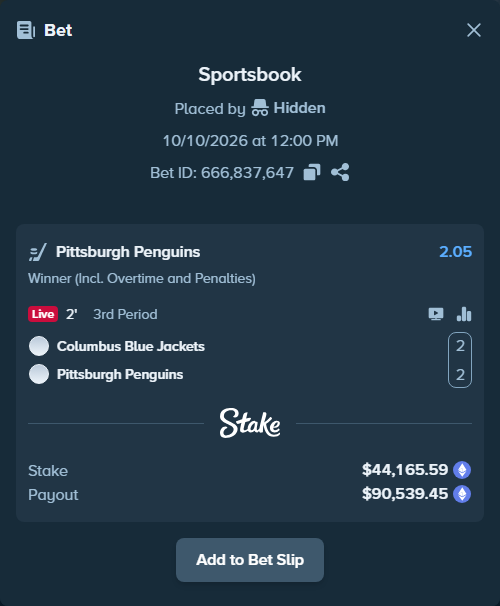 Bet slip: Columbus Blue Jackets - Pittsburgh Penguins, $44,195.39 stake at 2.05 odds, placed by XposedTwirch